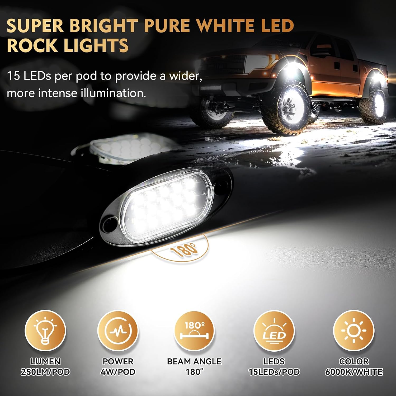 8Pods Pure White LED Rock Lights Kit Plug and Play 12V 6500K | Pre Wired Easy Install with Switch Fuse Harness Wiring Extension*4, Brights Waterproof for Jeep, UTV, RZR, ATV, Off-Road