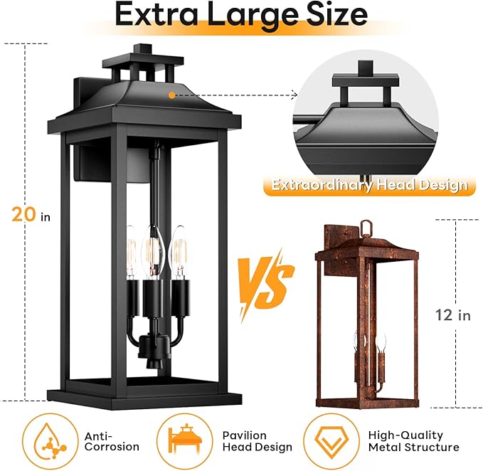 20" Large Outdoor Light Fixtures 3-Light 2 Pack, Exterior Wall Sconce Lanterns - Image 2