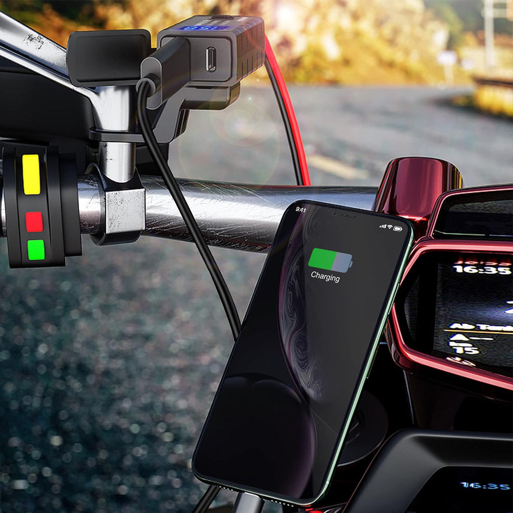 Motorcycle USB Charger SAE to USB Adapter Type C and Quick Charge USB 3.0 with Voltmeter, ON/Off Switch and 3.6FT SAE Extension Cable Waterproof 3 Install Options for GPS Smartphone Camera