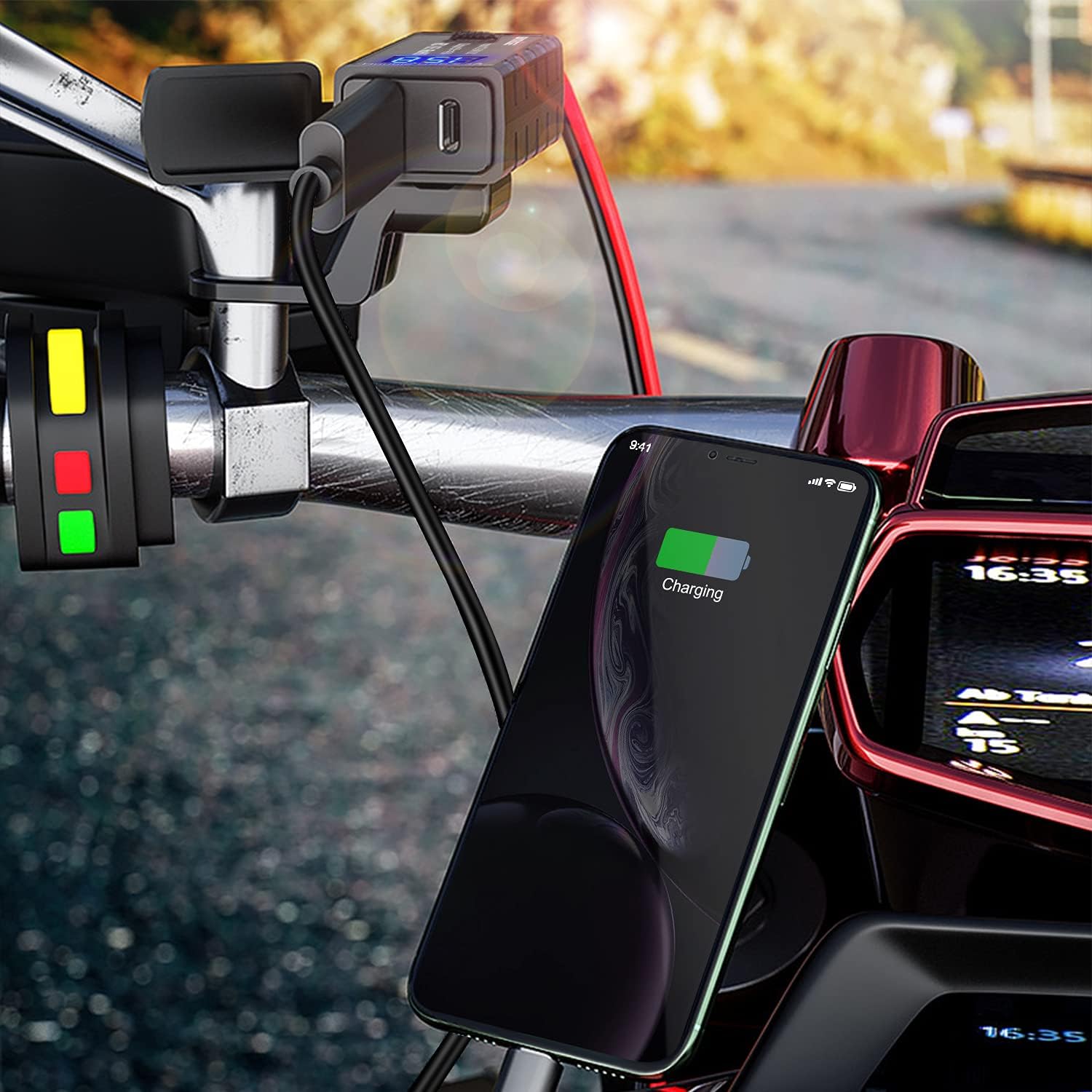 Motorcycle USB Charger SAE to USB Adapter Type C and Quick Charge USB 3.0 with Voltmeter, ON/Off Switch and 3.6FT SAE Extension Cable Waterproof 3 Install Options for GPS Smartphone Camera