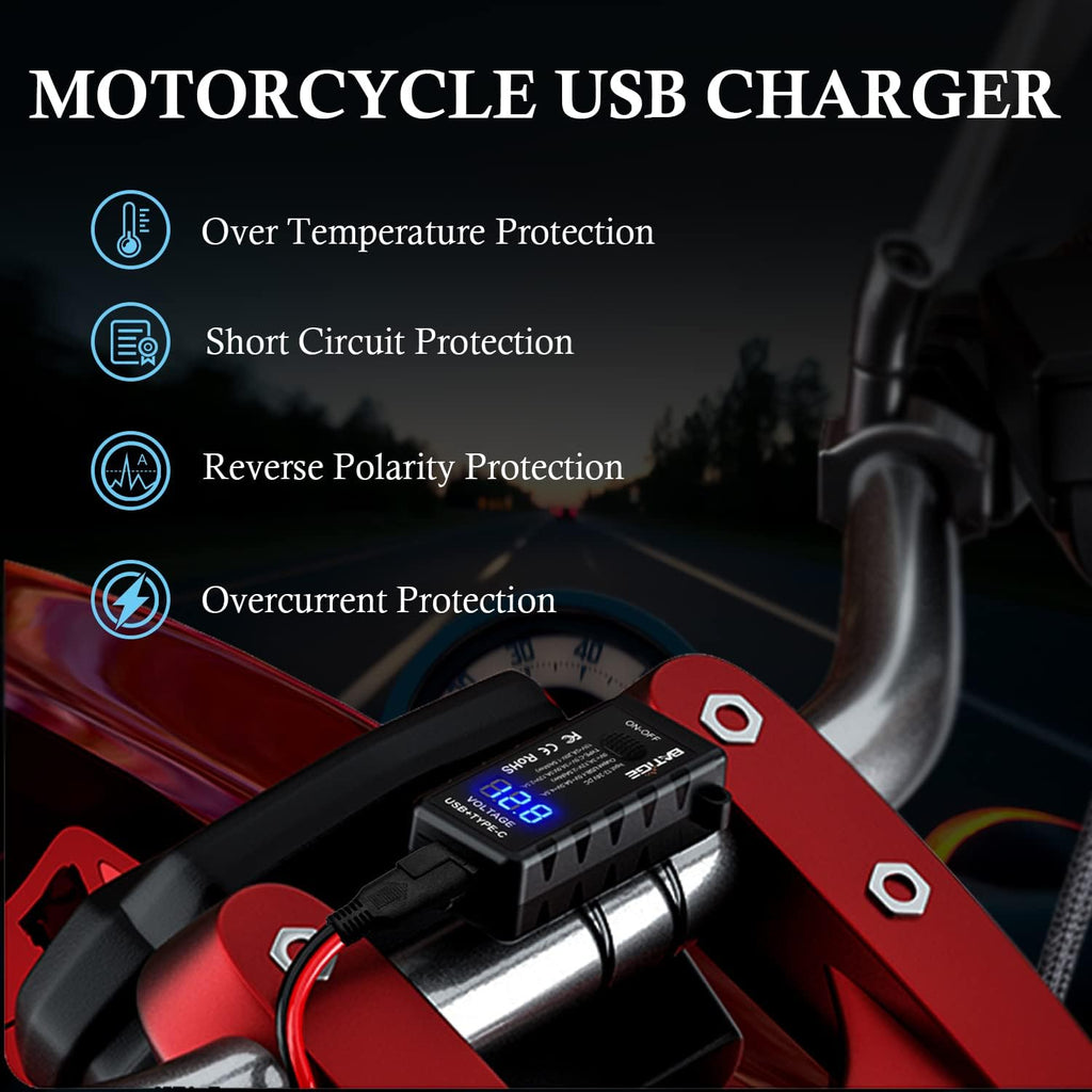 Motorcycle USB Charger SAE to USB Adapter Type C and Quick Charge USB 3.0 with Voltmeter, ON/Off Switch and 3.6FT SAE Extension Cable Waterproof 3 Install Options for GPS Smartphone Camera