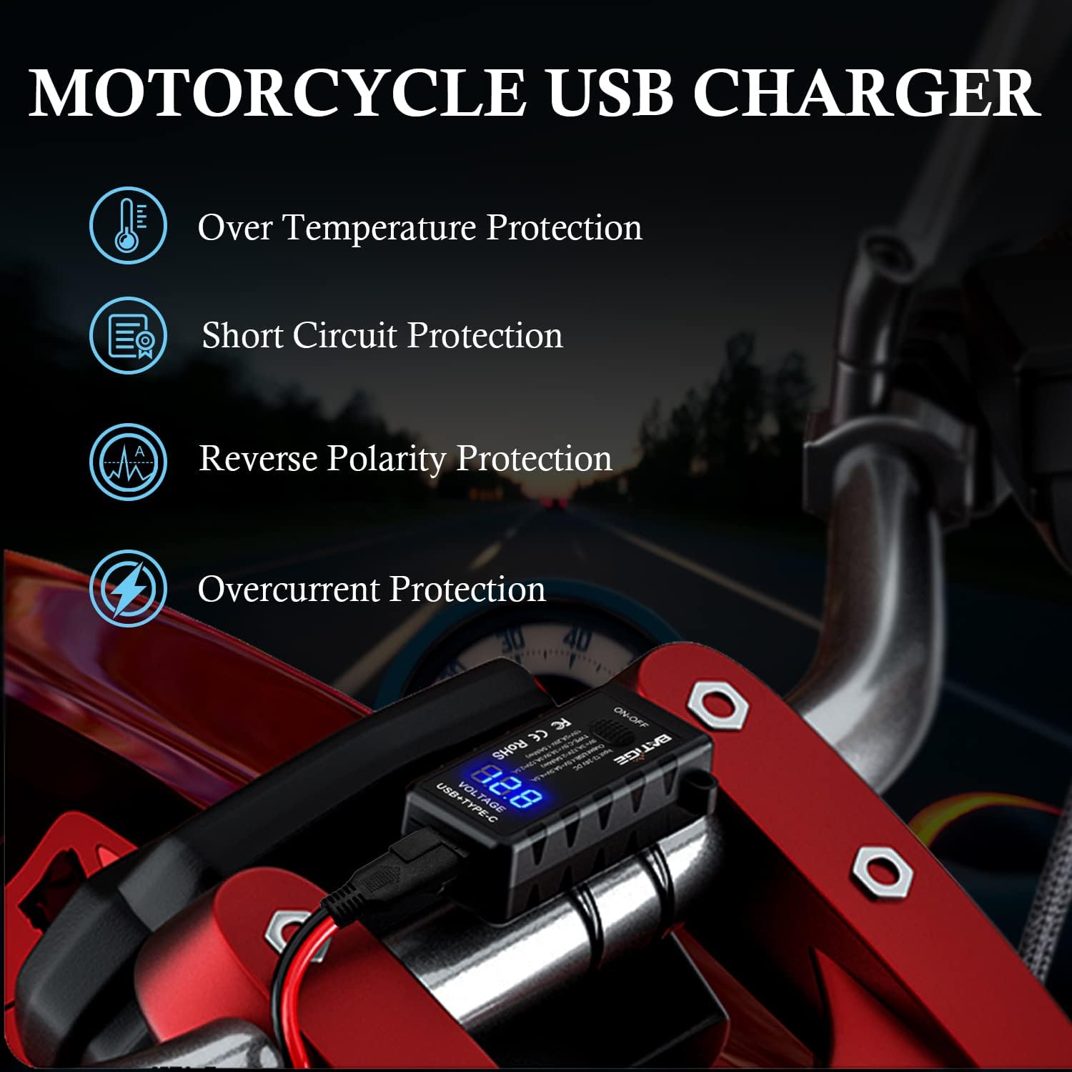 Motorcycle USB Charger SAE to USB Adapter Type C and Quick Charge USB 3.0 with Voltmeter, ON/Off Switch and 3.6FT SAE Extension Cable Waterproof 3 Install Options for GPS Smartphone Camera