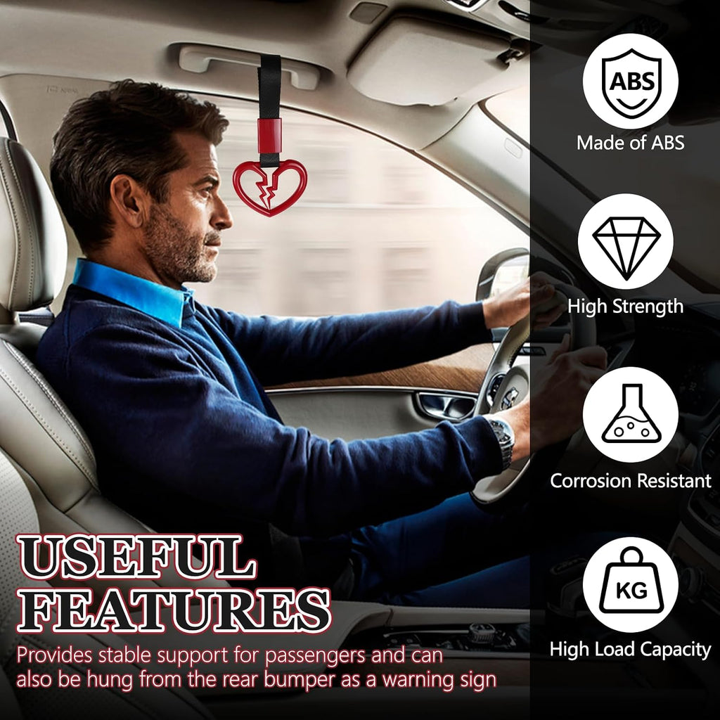Wuyaoyao 2PCS Broken Heart Handle Ring for Car, Heart Shaped Handle Straps, Hand Strap Grab Handles Hang Ring for Car Bus Subway, Drift Charm Rear Bumper Warning Interior Decoration (Red)