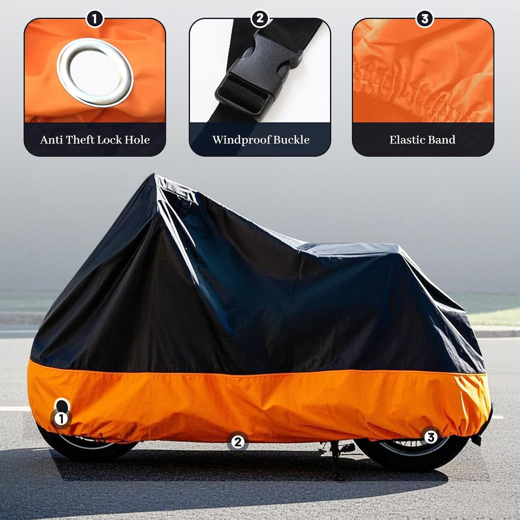 XYZCTEM Motorcycle Cover All Season Black&Orange Waterproof Sun Motorcycle Acessories, Fits up to 108‘’ Harley Davison, Honda, Suzuki, Kawasaki, Yamaha and More
