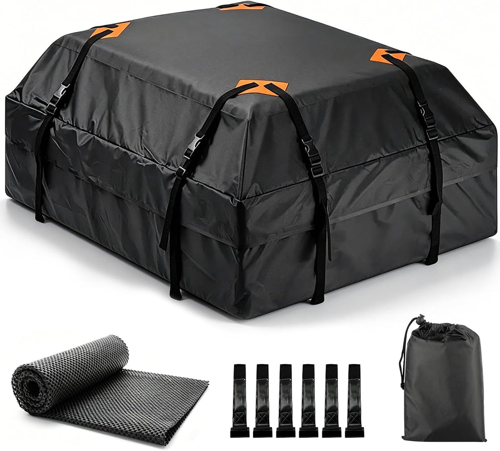Rooftop Cargo Carrier, 20 Cubic Feet Waterproof Roof Cargo Bag, Car Top Carrier Fits Vehicles with or Without Roof Rack, Heavy Duty Soft Shell Roof Bag with Anti-Slip Mat, 6 Door Hooks & Storage Bag