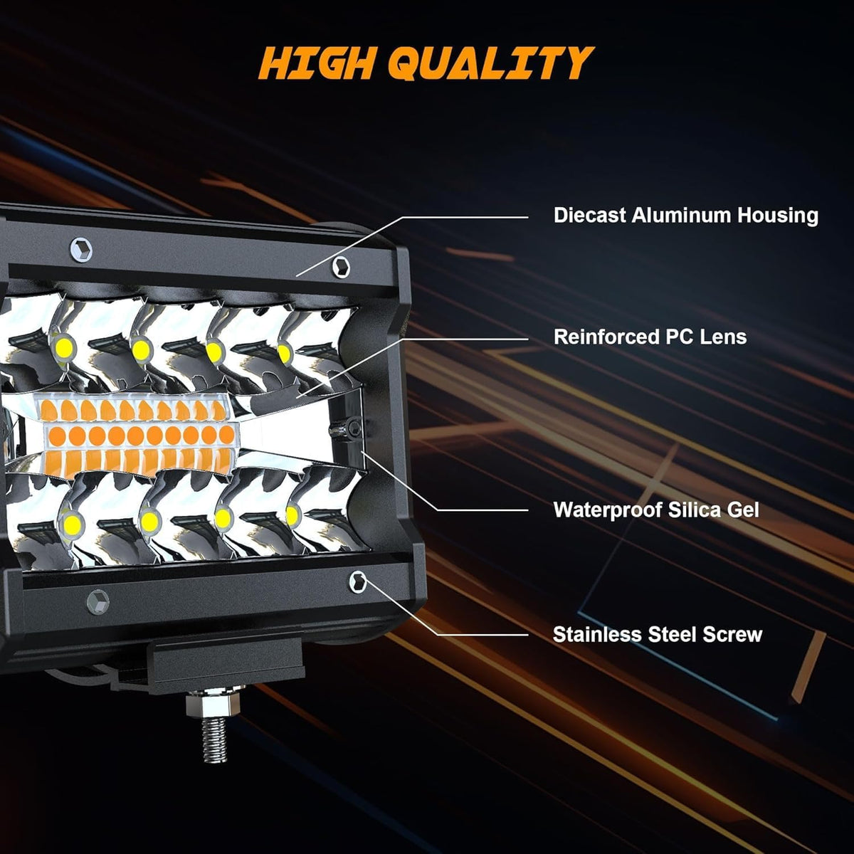 aslong 4pcs 4 inch white/amber yellow led pods, side view