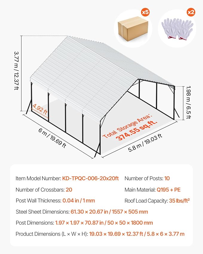 VEVOR Heavy Duty Metal Carport, 20 x 20 ft Outdoor Carport - Image 7