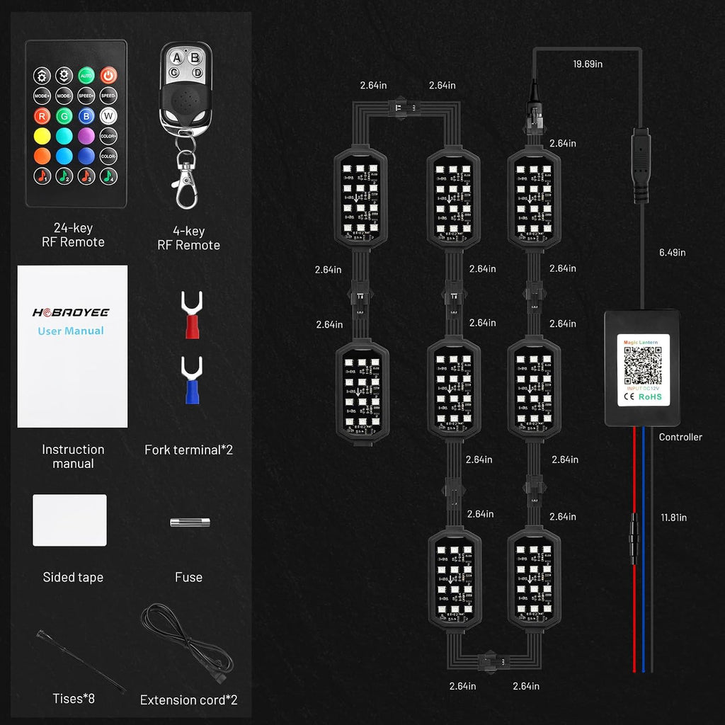 8Pcs Motorcycle LED Light Kit, 12 LEDs SMD Chips Magic-RGB Multicolor Lights, Underglow Kit with APP/RF Remote Control, Fit Most Motorcycles, ATV, UTV