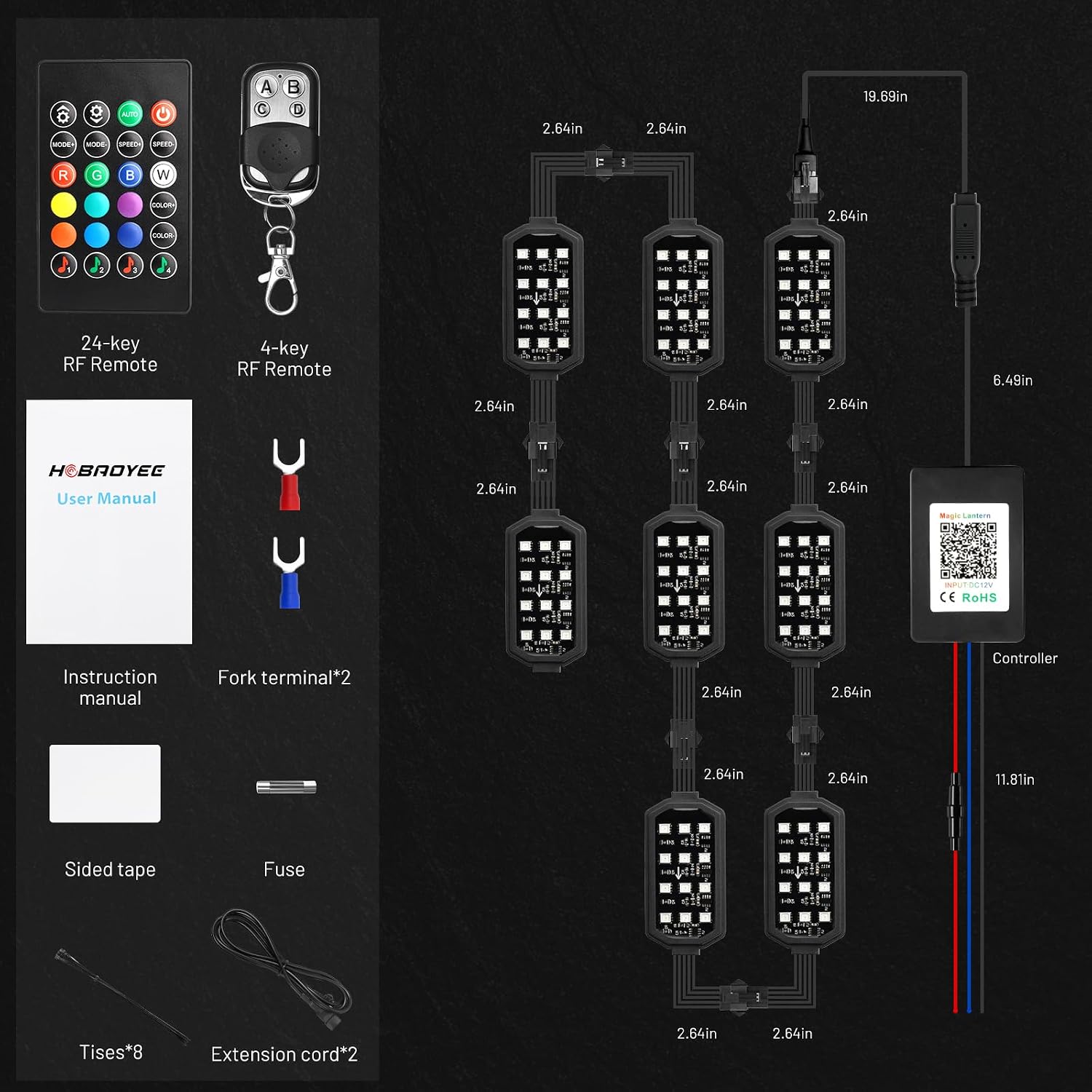 8Pcs Motorcycle LED Light Kit, 12 LEDs SMD Chips Magic-RGB Multicolor Lights, Underglow Kit with APP/RF Remote Control, Fit Most Motorcycles, ATV, UTV