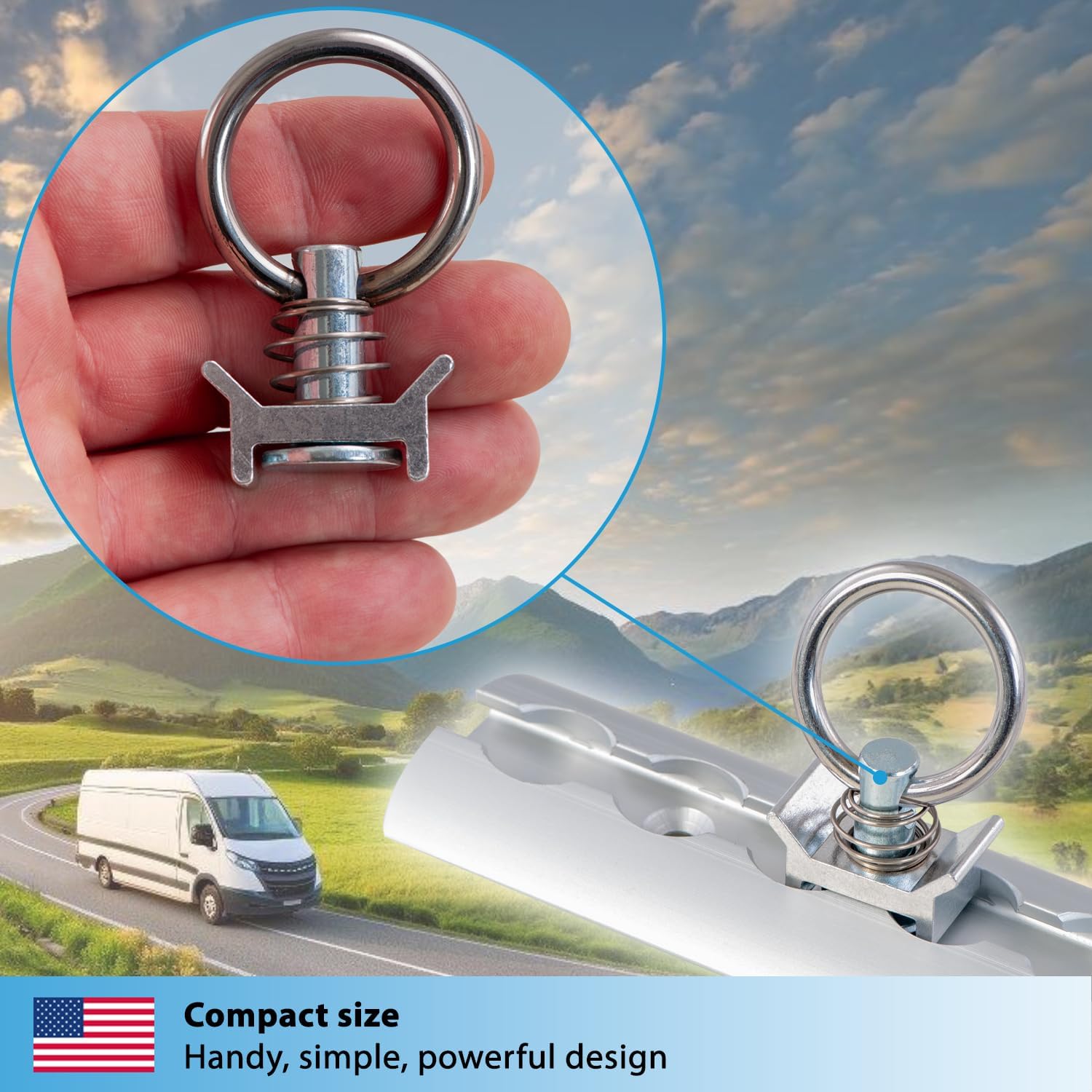 valonic Gecko - Single Stud Fitting for L Track, 8 Pieces, 1000 daN, Stainless Steel roundring, for Rail System, Lashing Accessories for tie tie Downs for Truck Bed