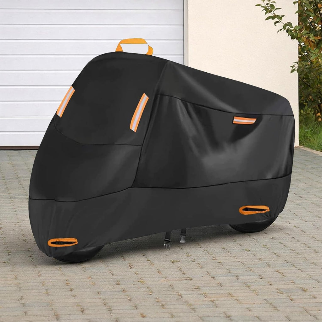 190T Motorcycle Cover, Waterproof All-Weather Motorbike Cover with 2 Reinforced Lock Holes, 4 Reflective Strips & Windproof Buckles