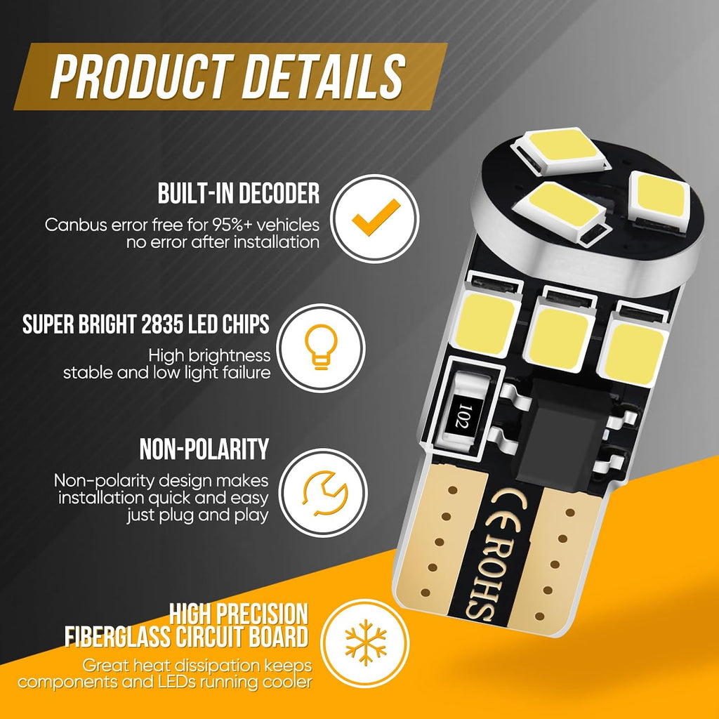 Audak 194 LED Bulb T10 W5W 2825 158 192 168 Canbus 9SMD 2835 Chipset 6000K White Non-polarity for Car Interior Dome Map Door Courtesy License Plate Trunk Lights (Pack of 10)