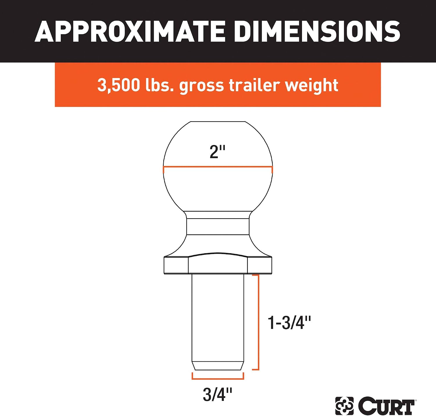 CURT 40003 Chrome Trailer Hitch Ball, 3,500 lbs, 2-Inch Diameter, 3/4 x 1-3/4-Inch Shank, Universal Fit (Pack of 2)