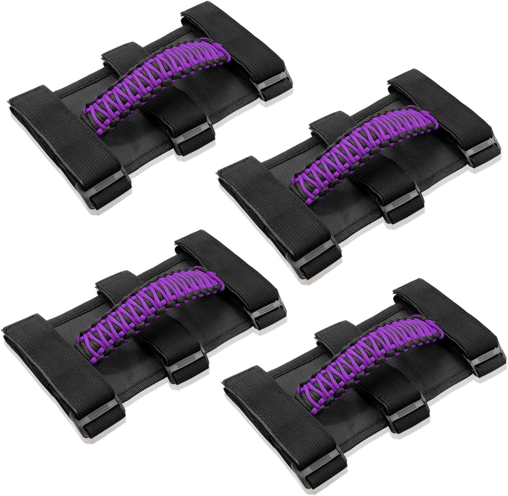 Kujunpao4 X Roll Bar Grab Handles Grip Handle Compatible with Jeep Wrangler JLU JK JKU TJ YJ LJ JT JL & Gladiator JT 1987-2021 UTV & ATV, Fits 1.5 to 3 Inch Bars 3 Straps Woven Holder(Purple)