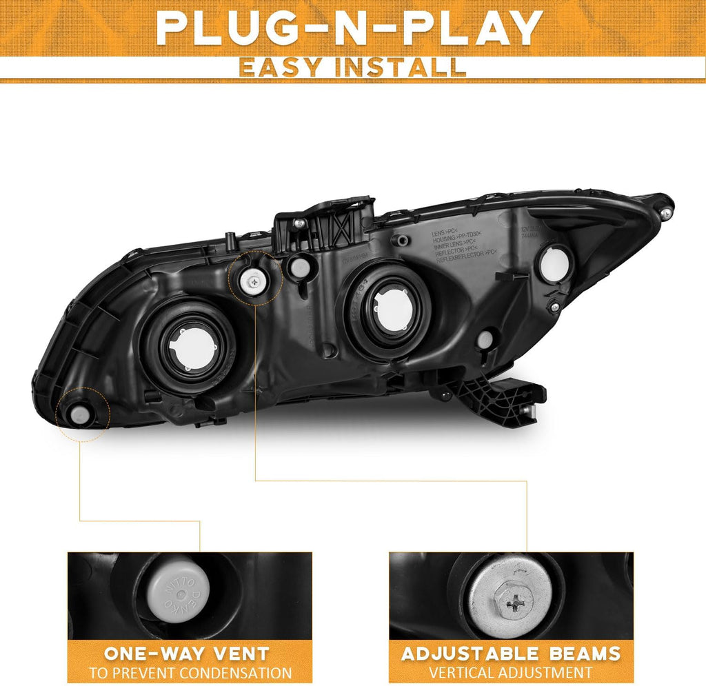 WEELMOTO for 2012-2015 Honda Civic 4Dr Sedan Headlights for 12-13 Honda Civic 2Dr Coupe Pair Headlamp Black Housing Clear Reflector Left+Right Side (Does NOT Fit Hybrid or Hybrid-L Models)