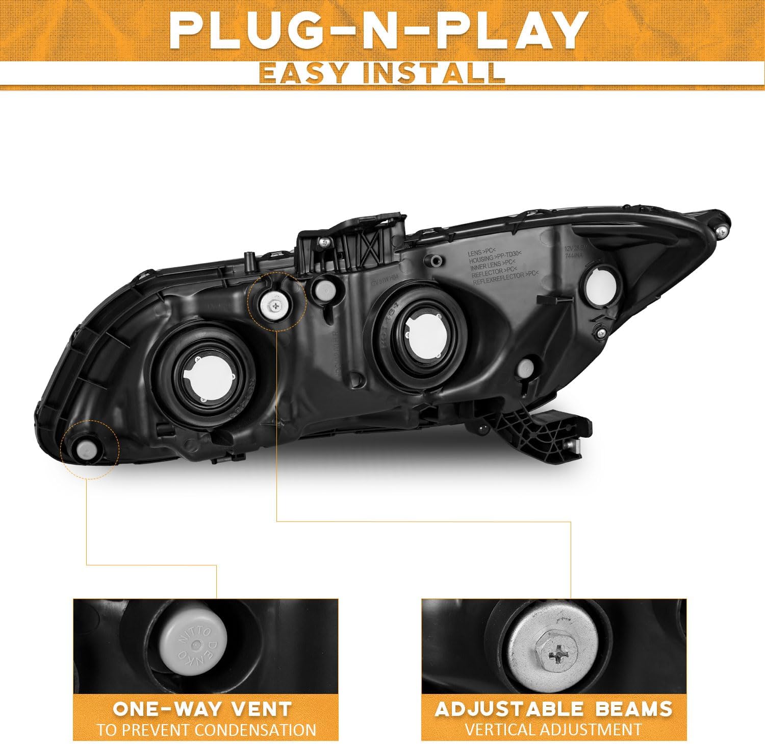 WEELMOTO for 2012-2015 Honda Civic 4Dr Sedan Headlights for 12-13 Honda Civic 2Dr Coupe Pair Headlamp Black Housing Clear Reflector Left+Right Side (Does NOT Fit Hybrid or Hybrid-L Models)
