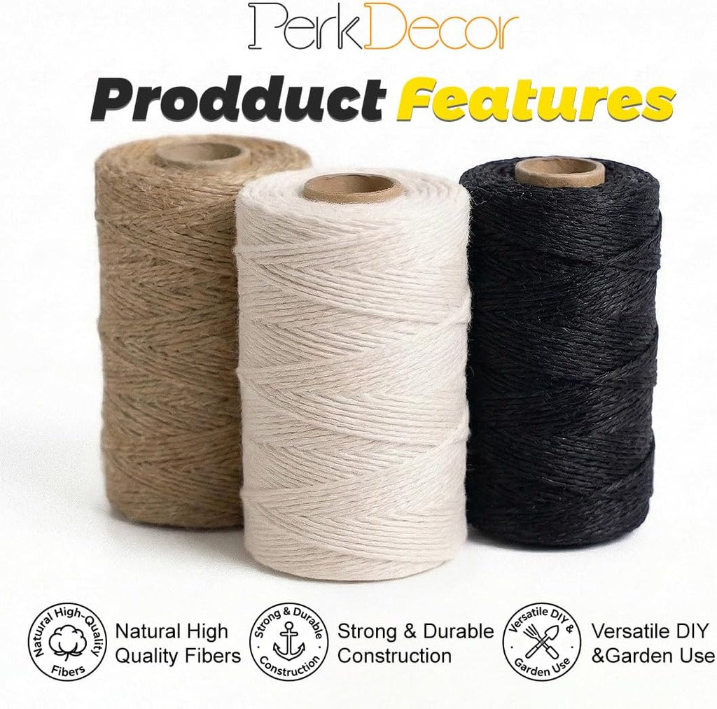 Twine String Natural Jute Twine & Cotton Twine Bundle - Bulk Packing Twine for Crafts, Gift Wrapping String, Gardening Twine, Home Decor (3 Rolls, 984ft, 2mm)