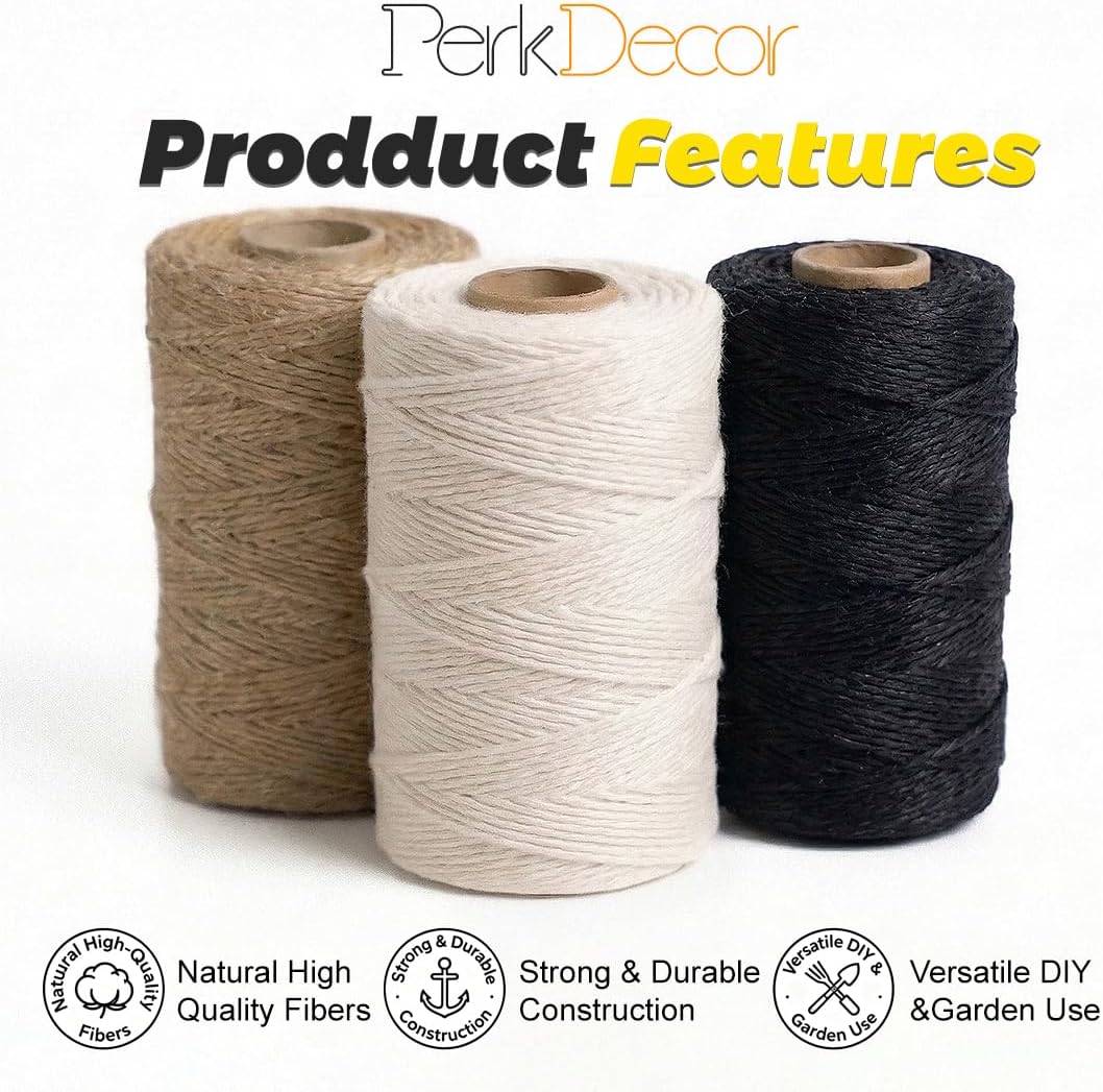 Twine String Natural Jute Twine & Cotton Twine Bundle - Bulk Packing Twine for Crafts, Gift Wrapping String, Gardening Twine, Home Decor (3 Rolls, 984ft, 2mm)
