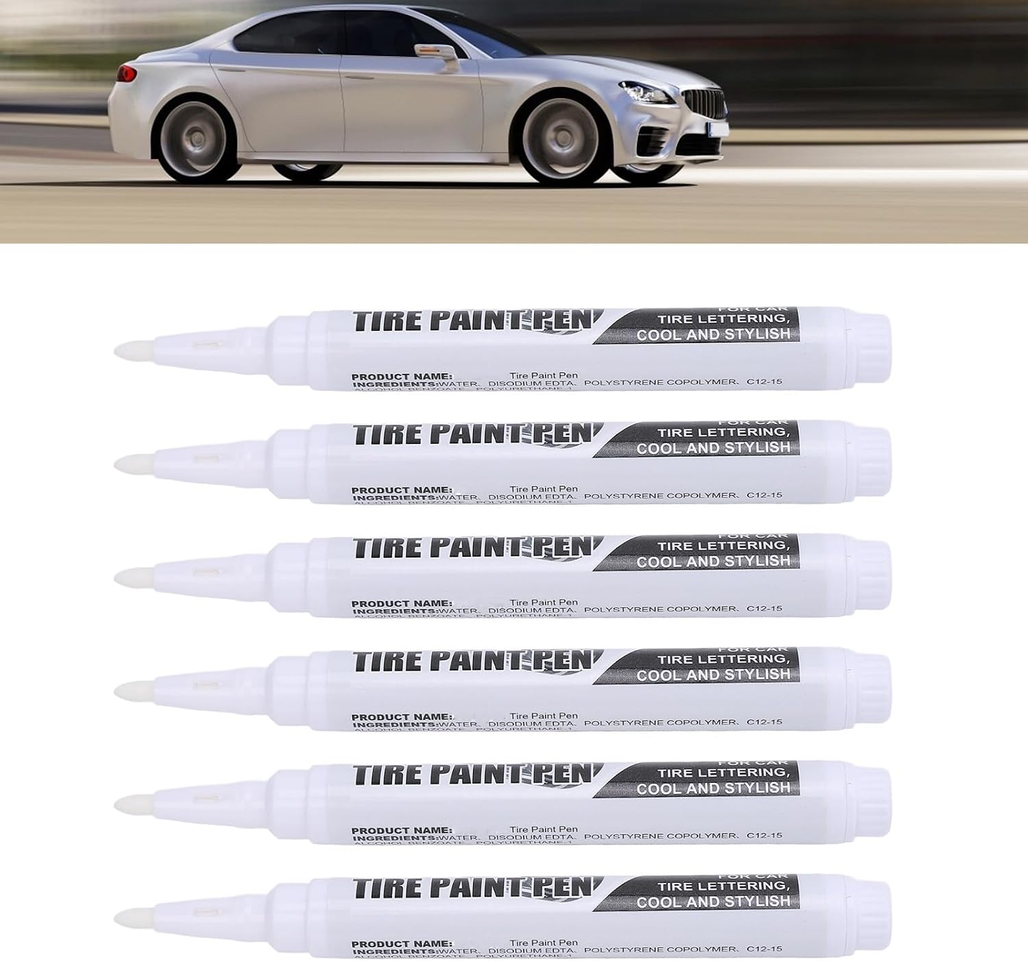 ZJchao 6 Pcs Tire Marker Pens, Long Lasting White Tire Paint Pens for Precise Detailing and Lettering, with Strong Adhesion and Smooth Writing, for Car Tires and Outdoor Use