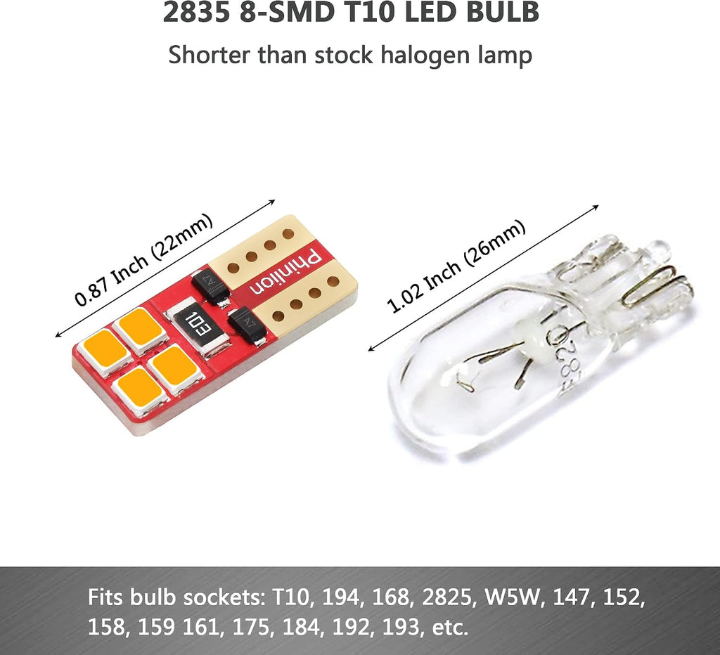 PHINLION Super Bright Miniature Wedge T10 168 194 2825 2827 12396 LED Bulbs for Car Interior Dome Map Side Marker Parking Lights, Amber Yellow (10 Pack)