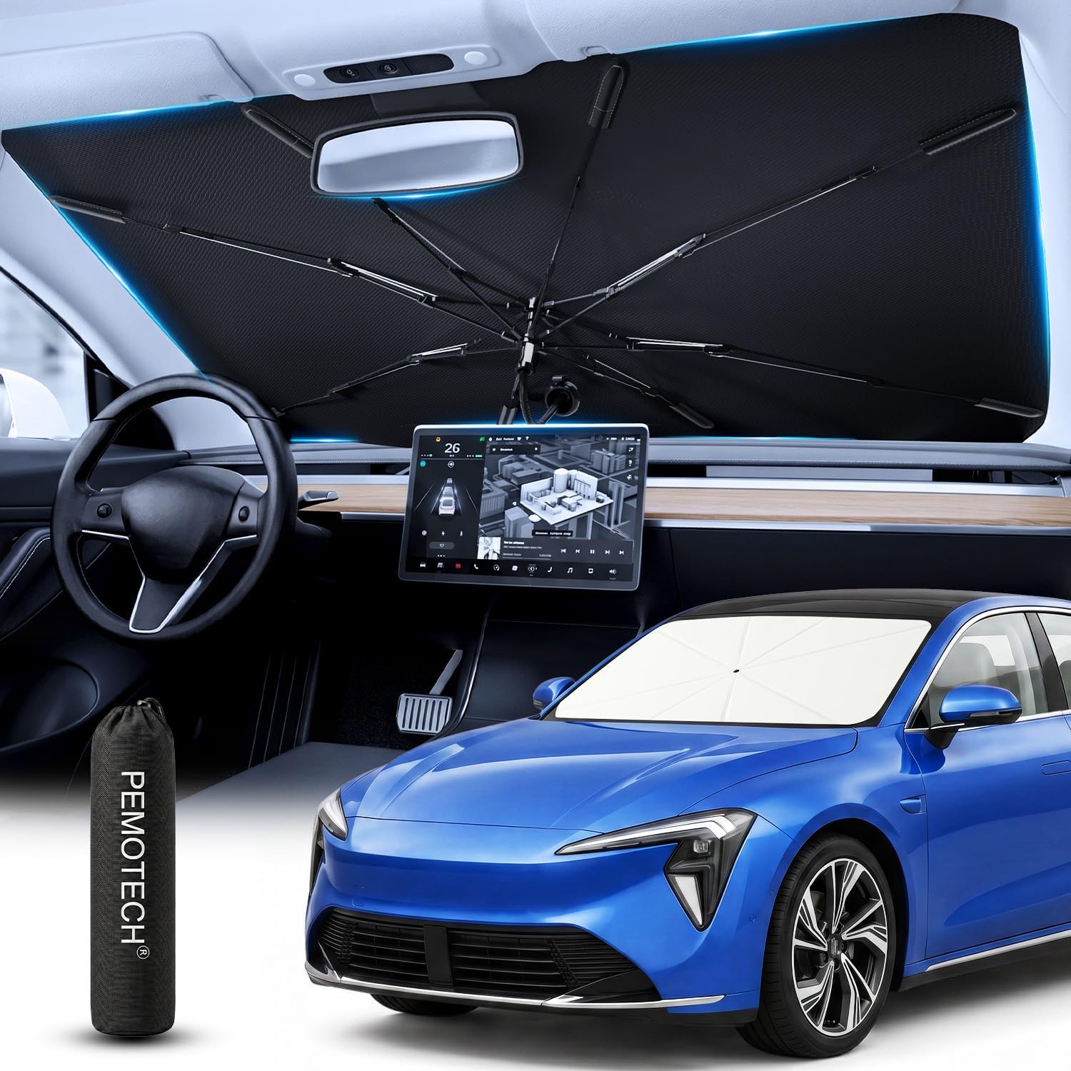 PEMOTech【for Chevrolet Spark/Sonic; MINI Cooper and Sports Cars & Coupes】Umbrella Windshield Sun Shade | Quick-Install Reliable UV Blocker&Heat Shield | Versatile Sun shade for Windshield (49"X25.6")