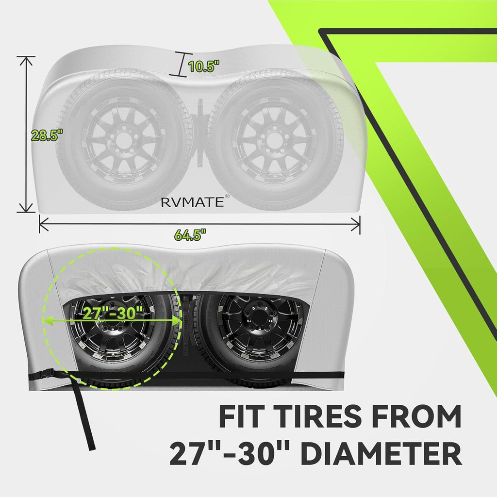 RVMATE RV Tire Covers, Dual Axle Wheel Cover (2 Pack) Fits 27"-30" Diameter Tires, Waterproof Anti-UV 420D Oxford Silver Dual Tire Covers RV Accessories for RV/Truck/Trailer