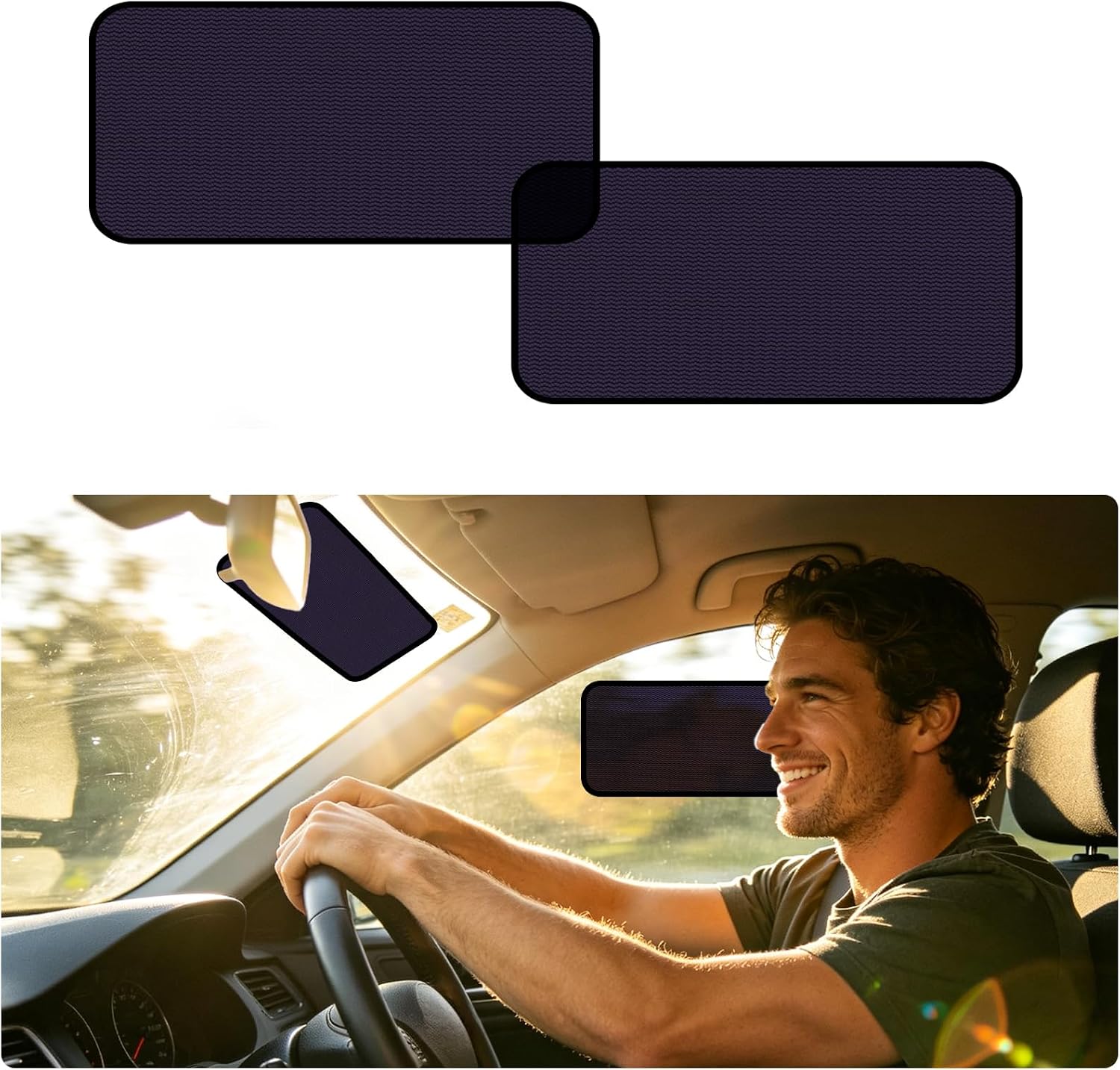 Static Cling Car Window Shade 15.7 × 7 in, 2PCS Sun Glare Blocker | Glare Reduction, Clear Visibility, Stays Firmly in Place, Adjustable Placement, Ideal for Daily Driving