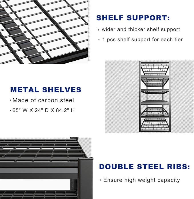 65" W Garage Shelving Heavy Duty, 6 Tier Garage Shelves, Adjustable Storage - Image 5