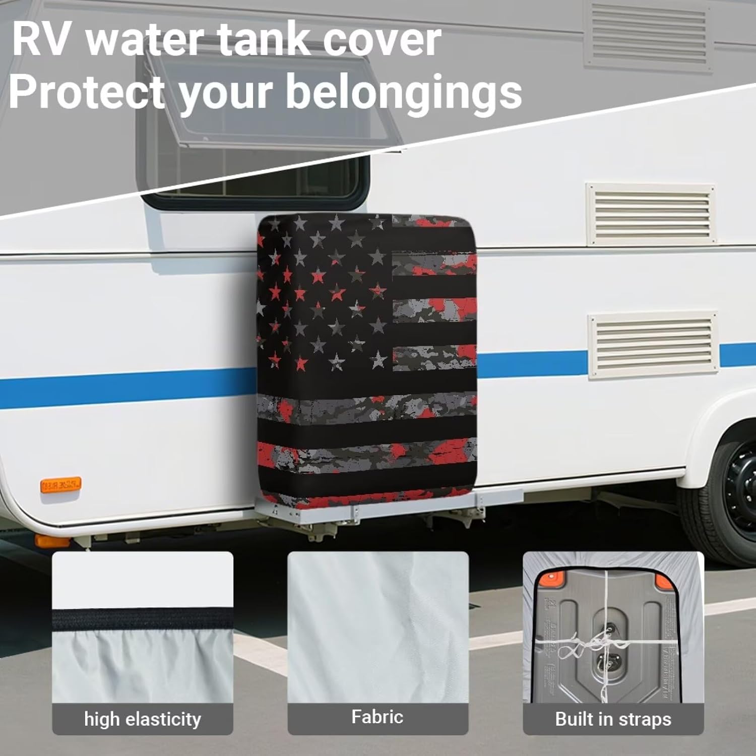 JoyLamoria Camo American Flag RV Tote Tank Cover Compatible 28-36 Gallon | Tote Tanks Waterproof & UV Resistant RV Portable Waste Tank Cover