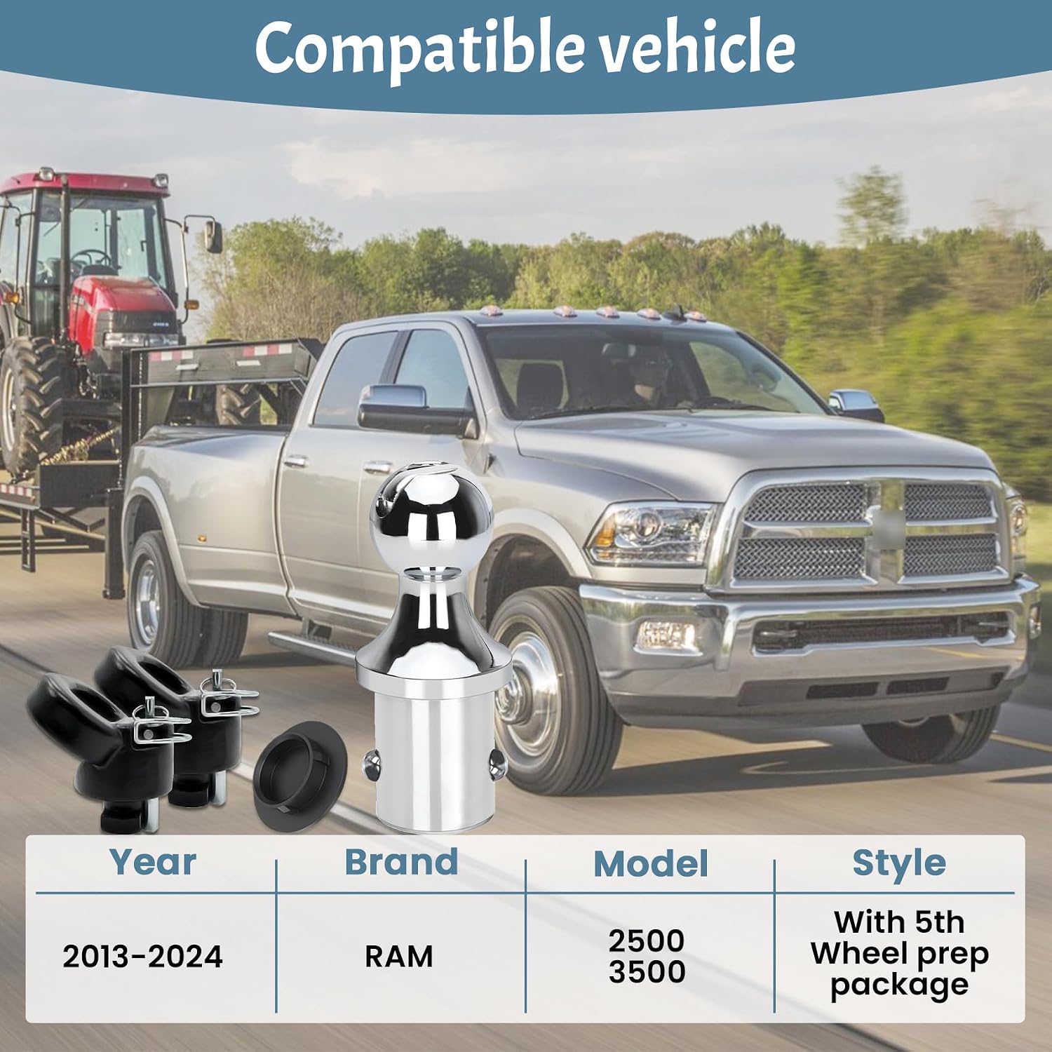 60618 Puck System Gooseneck Hitch Ball Kit, for 2013-2023 Dodge RAM 2500 3500, 2-5/16 Inch Gooseneck Ball for Truck Bed with 2 Gooseneck Safety Chain Anchors(30000 lbs GTW/ 7500 lbs VTW)Carrying Case