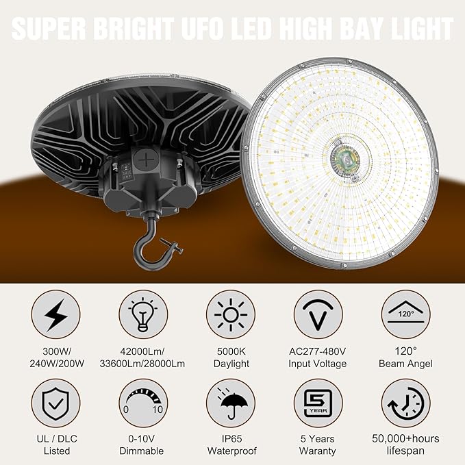 3 Pack 480V LED High Bay Light UL DLC Listed UFO Light 300W 240W 200W Adjustable - Image 2