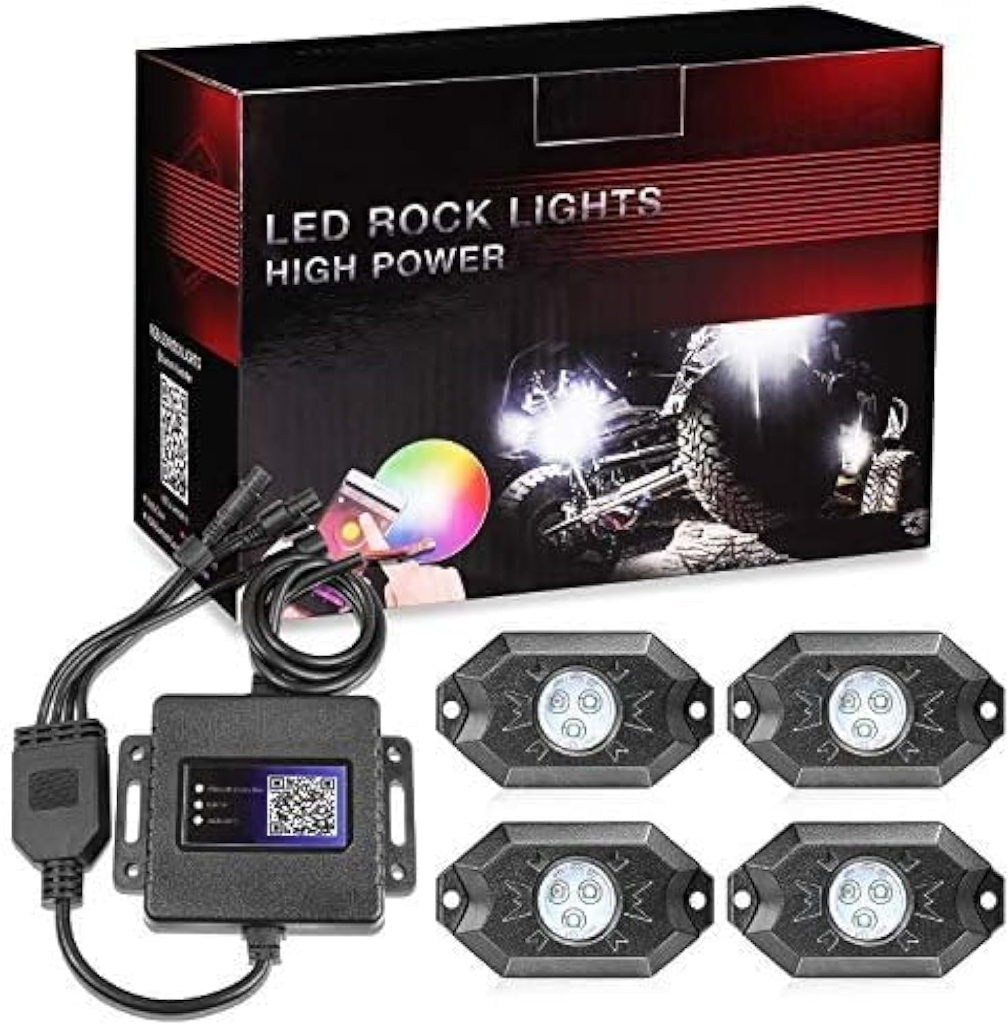 OFFROADTOWN RGB LED Rock Lights Kit 4 pods Neon Trail Rig Light Underglow with Bluetooth App Control for UTV ATV Polaris Can-Am Yamaha Honda Kawasaki Boat Motorcycle