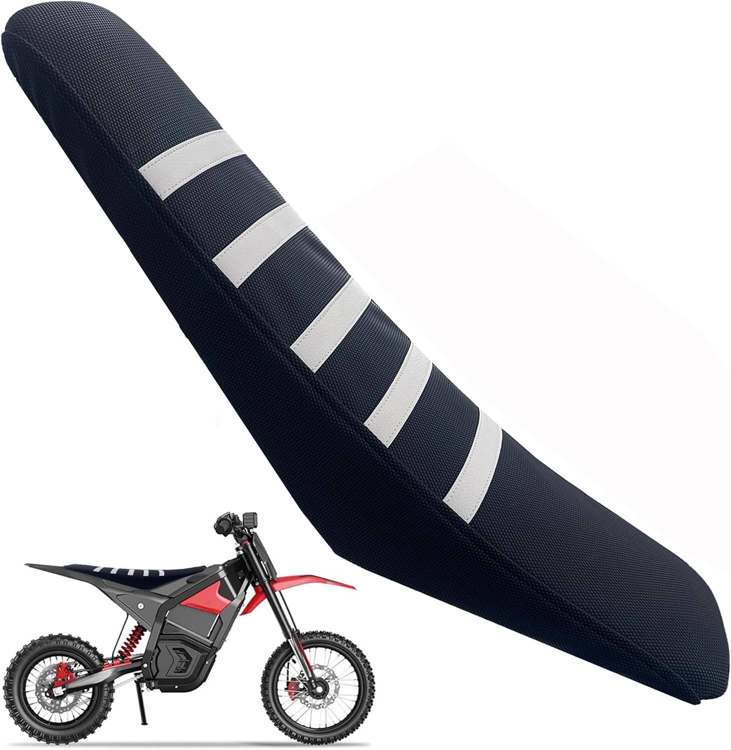VaylingEV Staple-Free Seat Cover for Yozma IN10 & IN10 Pro E-Dirt Bike | White Stripe Racing Non-Slip Waterproof PVC Saddle Protector, Custom Off-Road Cushion Wrap Fits 23.6"x6.3"x3.5"