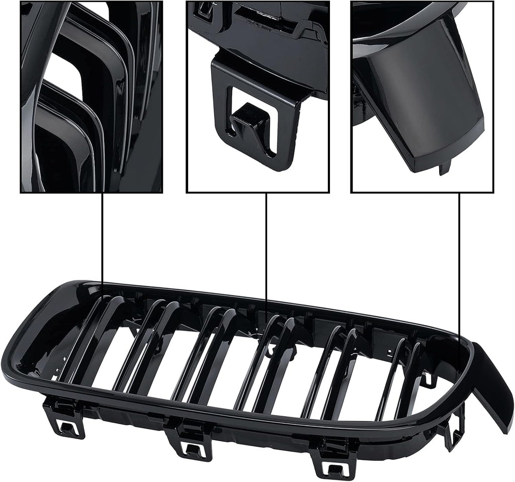 ABS F30 Grill, Front Kidney Grille for 2012-2018 BMW 3 Series F30 F31 (Double Slats Gloss Black Grills, 2pcs)