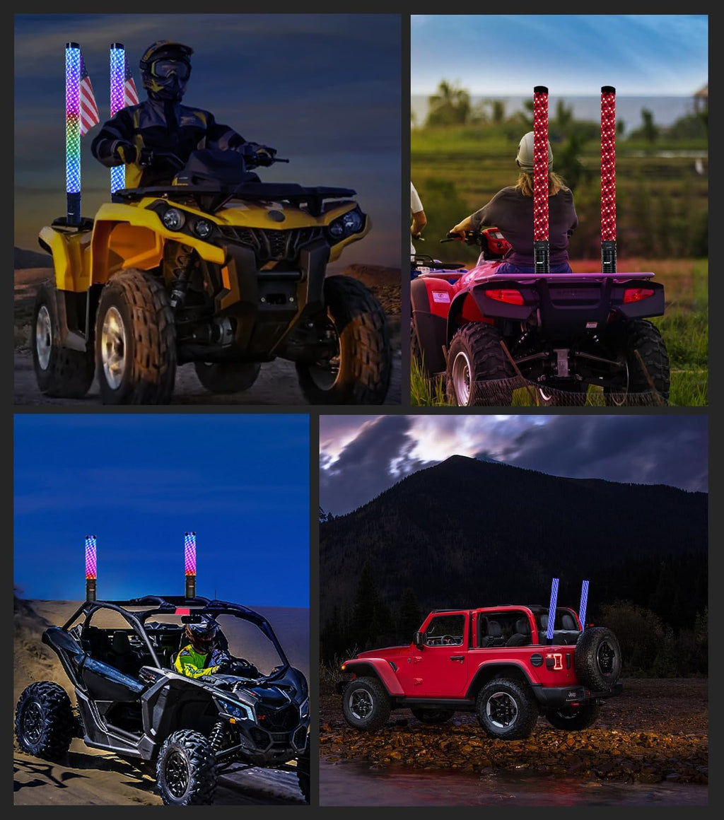 ZIMABLUE 2PC 2FT Fat Whip Lights for Side by Side, App & Remote Control RGB Chasing Light Whip with 3 Switchs for ATV UTV Dune Buggy Truck,LED Whip Light Compatible with Polaris RZR Can-Am Maverick X3
