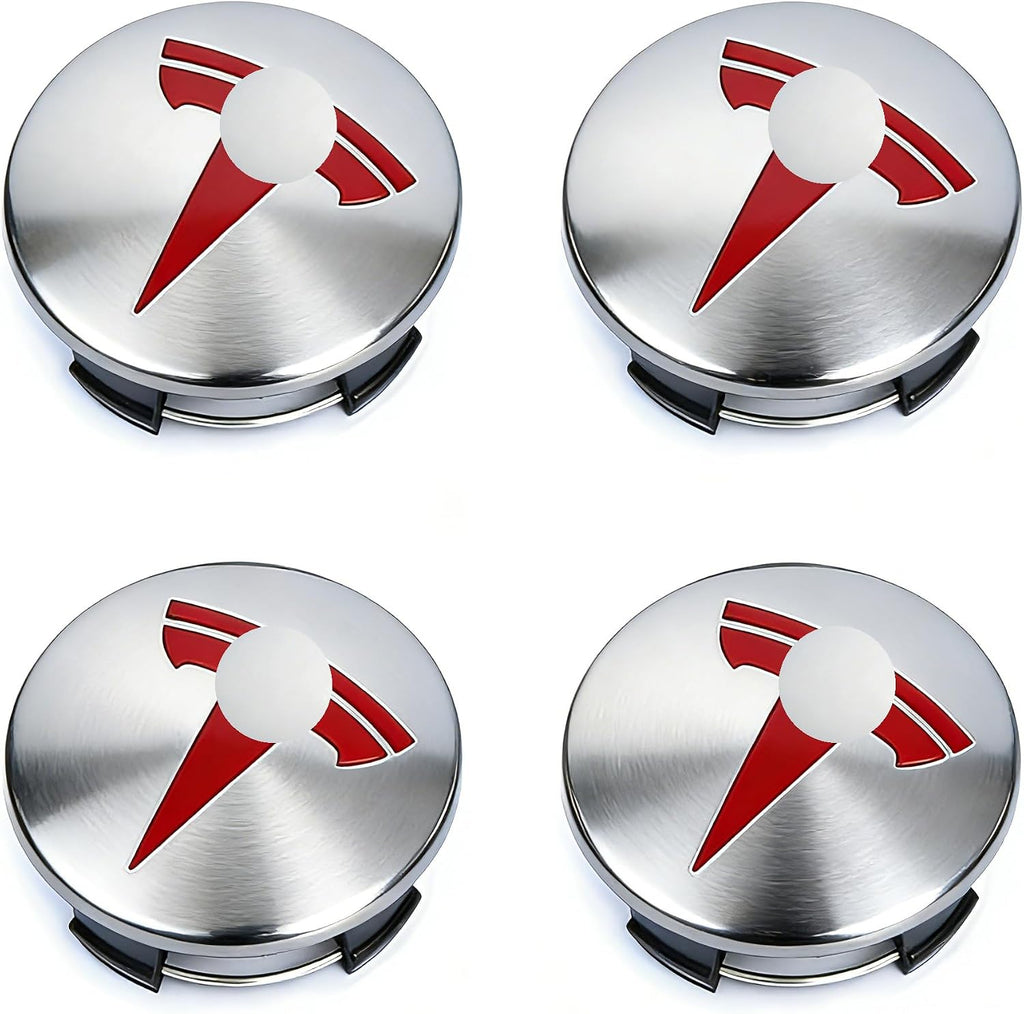 Wheel Center Hub Cap Kit with Tesla Emble Brand Center Caps for Model 3 Model Y with 20 Lug Nut Covers (4PCS) (Red-Silver)