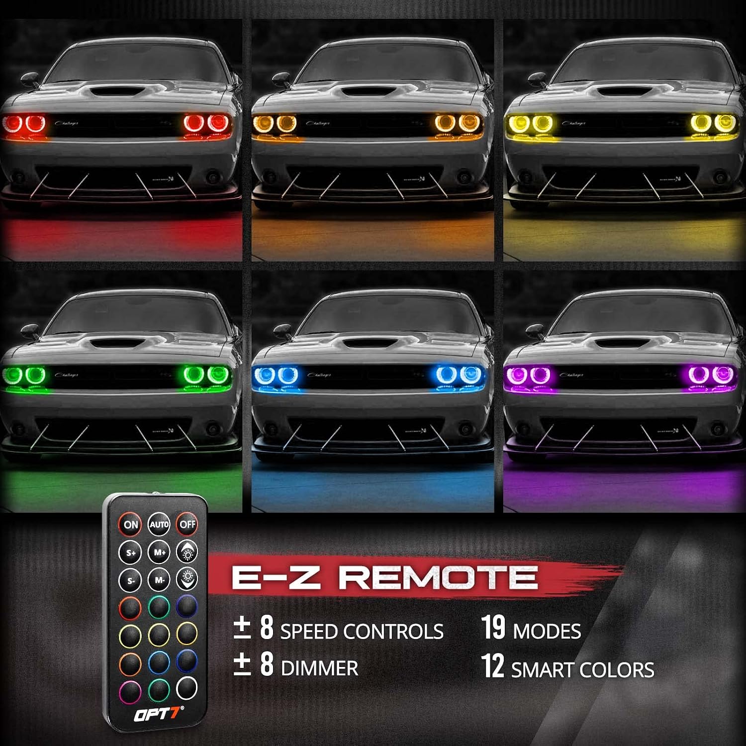 OPT7 Aura Halo Accent Lights for 2008-2023 Dodge Challenger with Remote Control, 12" Multi-Color LED Strip, Car Neon Lighting Kit
