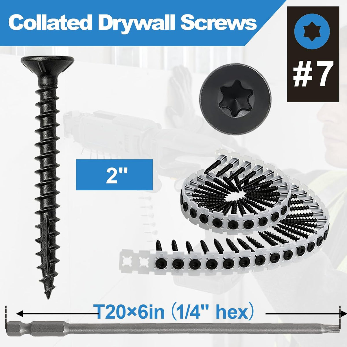 #7x2 collated drywall screws, 1000pcs wood screws with showing dimensions