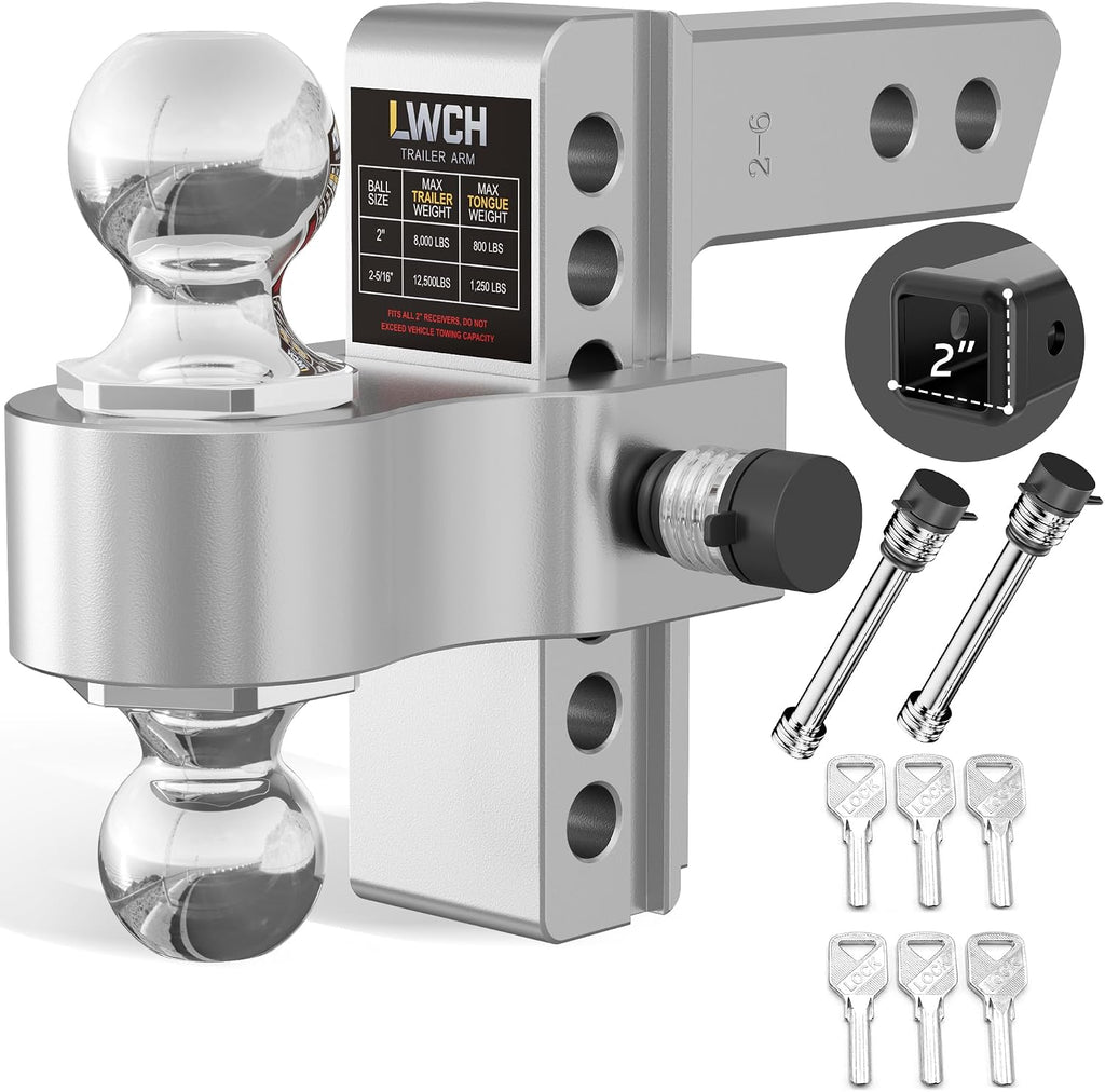 Adjustable Trailer Hitch, Fit 2 Inch Receiver, 12,500 LBS GTW, Heavy Duty Aluminum Drop Hitch with 2" & 2-5/16" Chrome Plated Steel Ball Mounts for Trucks, 6 Inch Drop/Rise, 2 Anti-Theft Pins