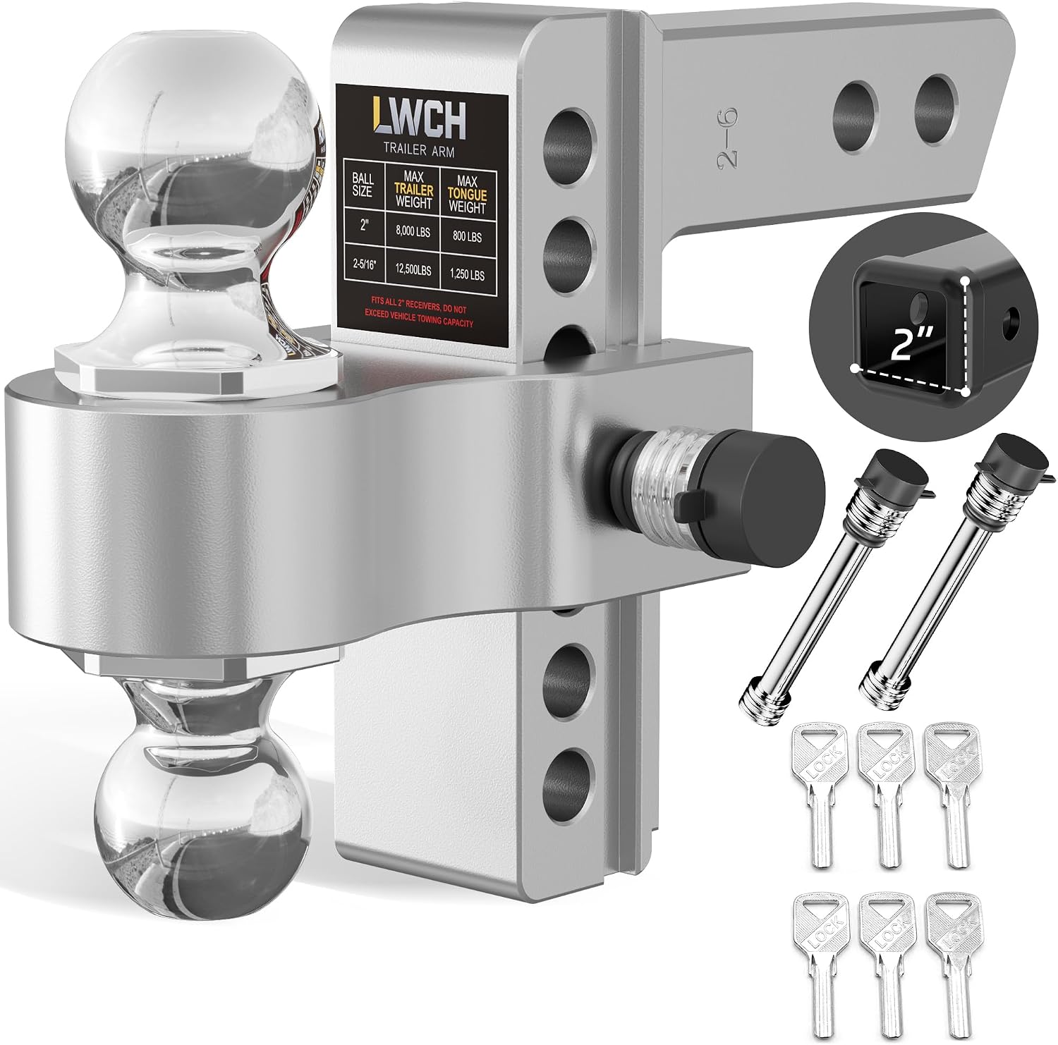 Adjustable Trailer Hitch, Fit 2 Inch Receiver, 12,500 LBS GTW, Heavy Duty Aluminum Drop Hitch with 2" & 2-5/16" Chrome Plated Steel Ball Mounts for Trucks, 6 Inch Drop/Rise, 2 Anti-Theft Pins