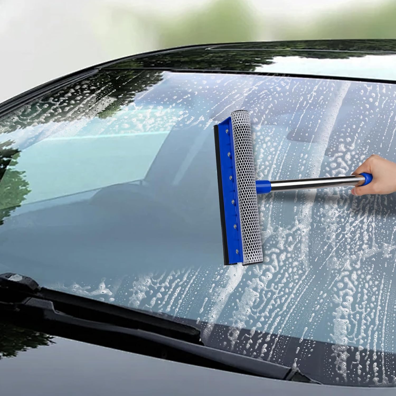 2-in-1 Car Windshield Squeegee and Sponge Scrubber for Cleaning and Washing, Rubber Blade Cleaner with Handle, Retractable car Wipers Suitable for All Vehicles, Blue