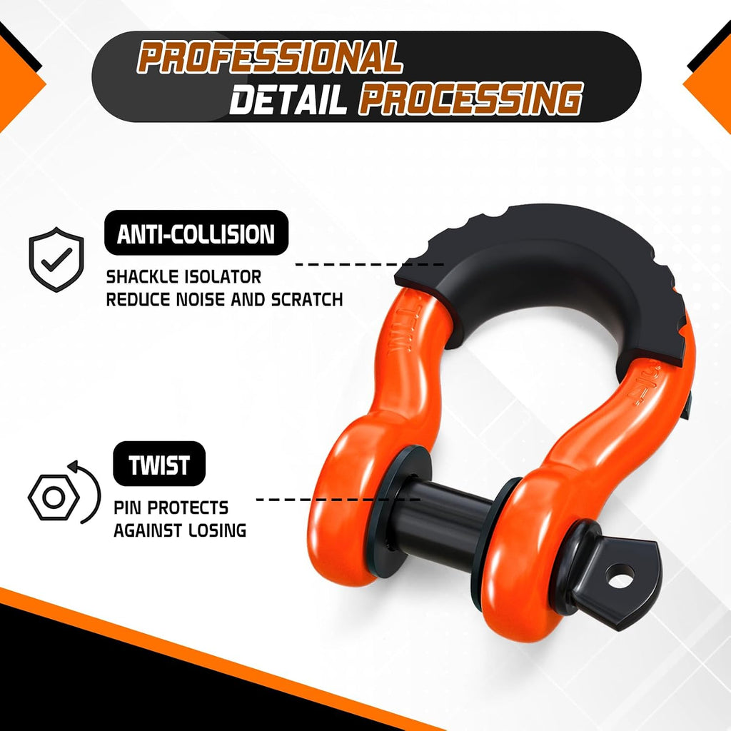 ORCISH 2PK D Ring Shackle, 42,000lb Break Strength, D Ring Shackles 3/4 inch with Black Isolator Washer and 7/8" Screw Pin, Tow Shackles, Soft Shackle Kit for Off-Road Jeep Truck Vehicle Recovery