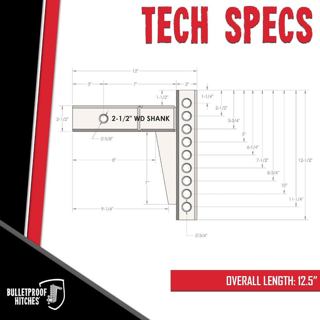 BulletProof Hitches - 2.5" Weight Distribution Shank Rated to 22,000 lbs - Weight Distribution Hitch Shank for 2.5" Receiver - Corrosion-Resistant, Black Powder Coat