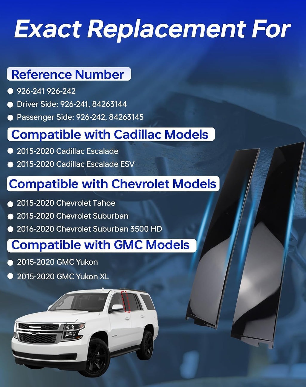 Flecto Door Molding Set, Left & Right, Door Molding Trim, Compatible with Cadillac Escalade/ESV, Chevy Suburban/3500 HD, Tahoe, GMC Yukon/XL, 2015-2020 Models, Window Trim Molding 926-242,926-241