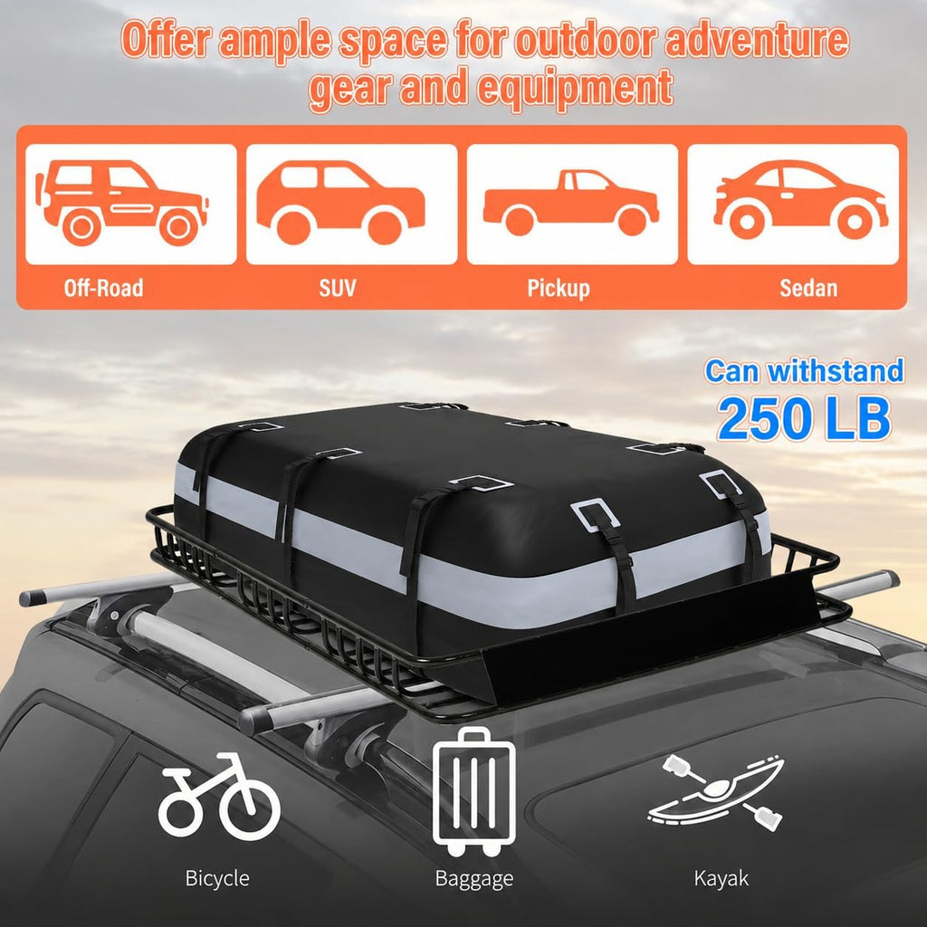 Adjustable Roof Rack Basket 45"-64" x 36" x 5" with 20 Cu.Ft Waterproof Cargo Bag - Heavy Duty Steel Cargo Carrier for SUV Truck Van, 250 lbs Capacity, Complete Accessory Kit