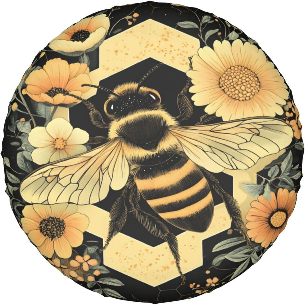 Tire Cover Waterproof for Jeep Trailer SUV Truck Rv – Honey Bee Flowers Hexagons 15 Inch Universal Spare Wheel Covers for Sun Rain Snow Uv Protection, Dust-Proof Tire Protectors