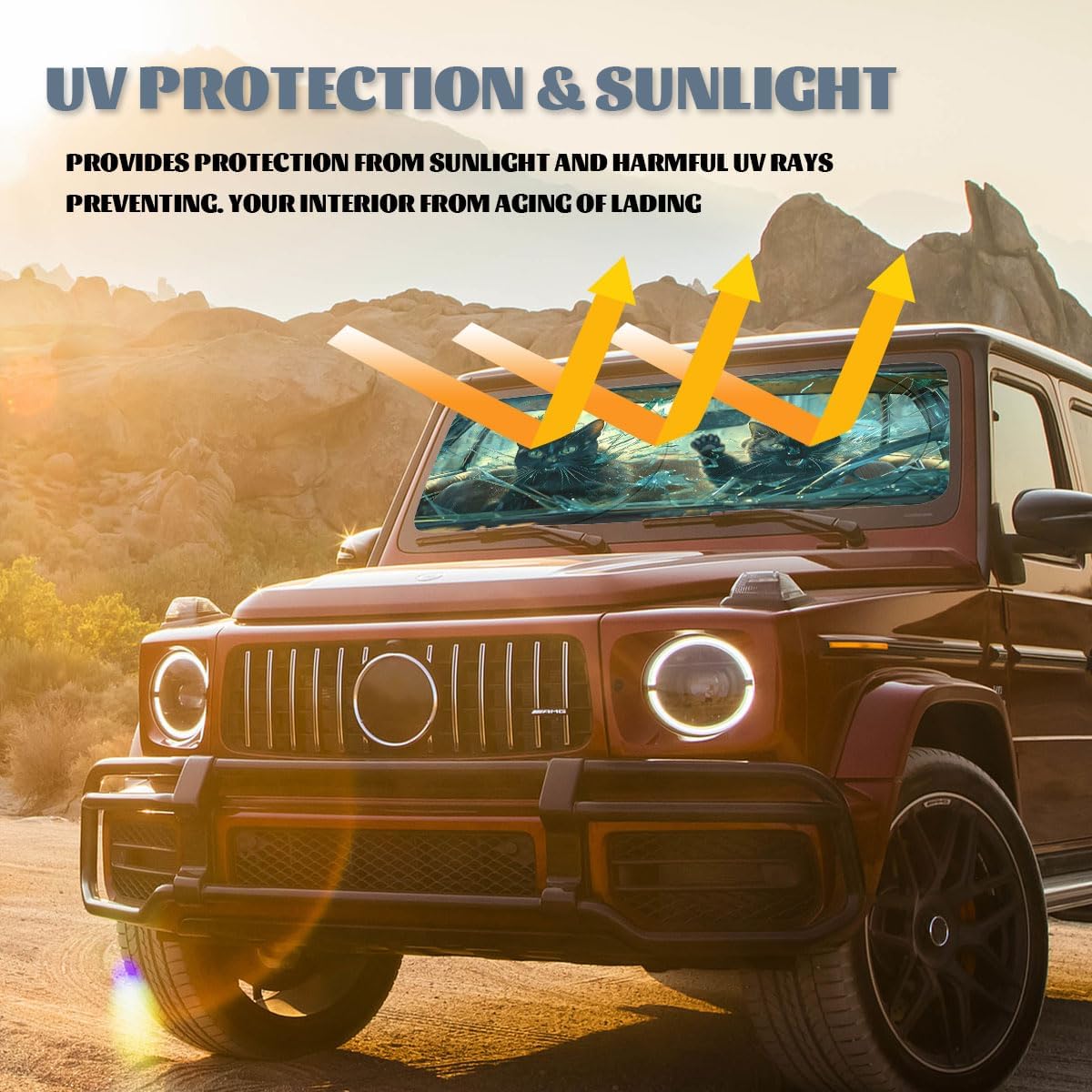 Funny Black Cat Car Windshield Sunshade - Folding 3D Broken Glass Heatshield - Front Window Sun Shade Visor Protector - 59" L x 31.5" W