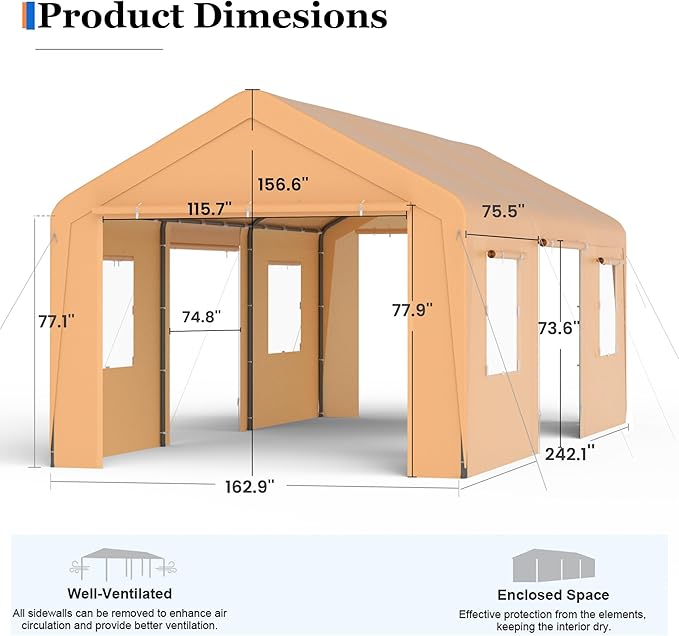 Carport, 13‘ x 20’ Heavy Duty Portable Garage All-Season Car Canopy w/Removable - Image 5