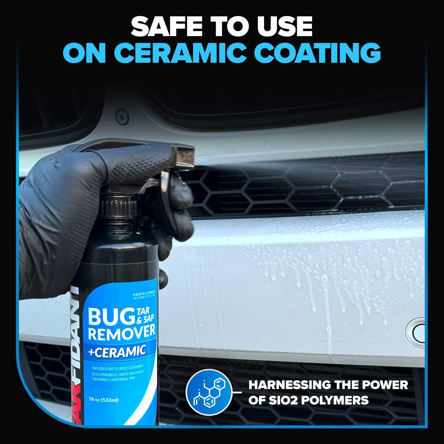 Carfidant Bug Remover for Cars Exterior - Car Bug Cleaner Spray with Ceramic Coating - Removes Bug Splatter & Bird Poop - Safe on Paint, Glass, Plastic, Metal - Windshield Pre Wash - 18 fl oz + Sponge