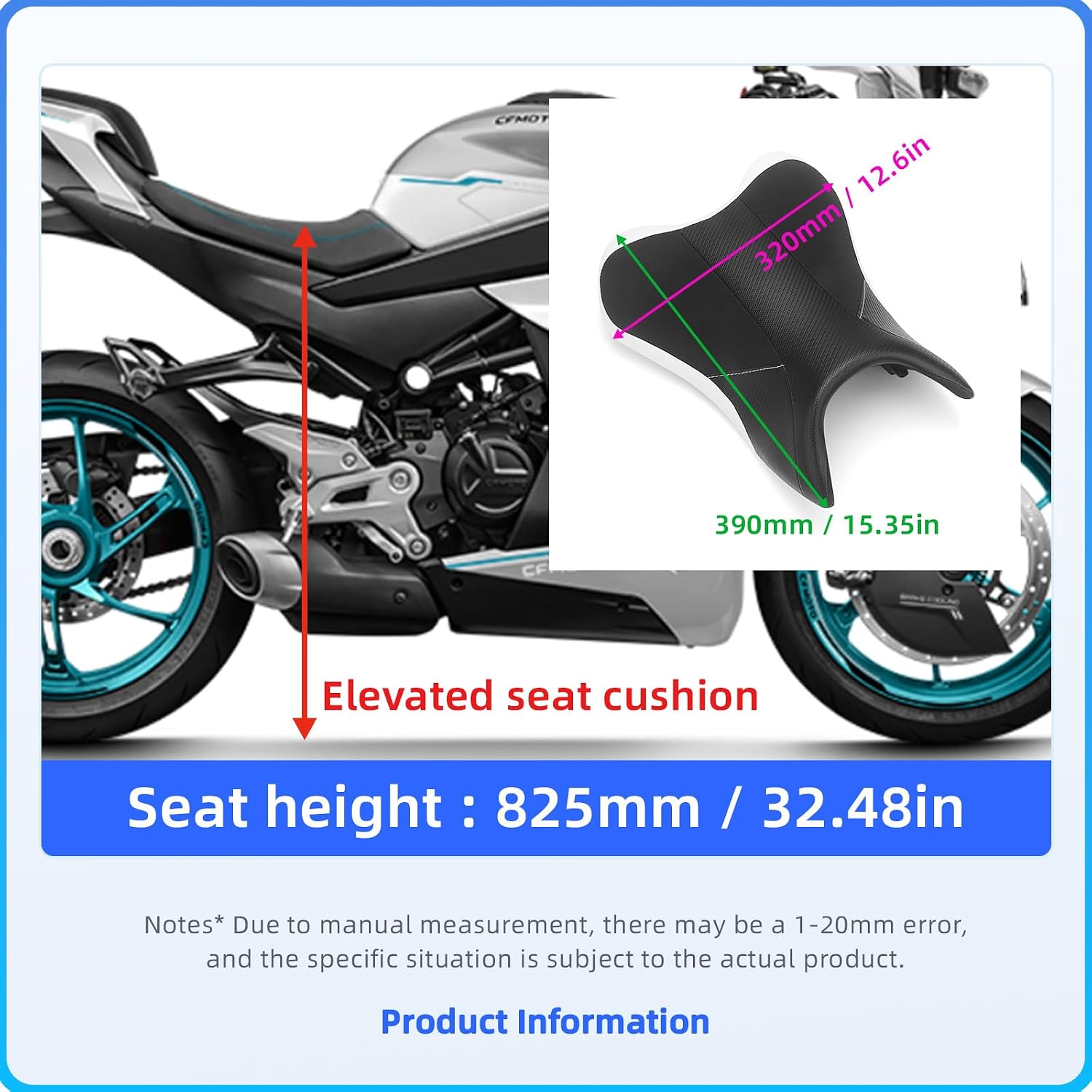 Upgraded Motorcycle Driver Tall Seat Pad for CFMOTO, Soft Leather, Black | Comfort Tall Seat 825mm Hightened Seat Cushion Replacement for CF MOTO 450SS 450SR 45NK 2022-2025